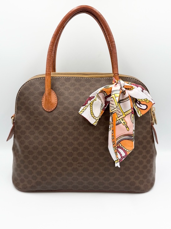 Celine Handbags - Celine Brown Leather-Trim Satchel with Orange Scarf Accent (pre-owned)